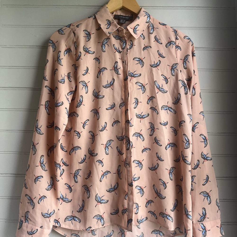 Women's Pink Crane Print Collared Shirt - fun, lightweight, funky